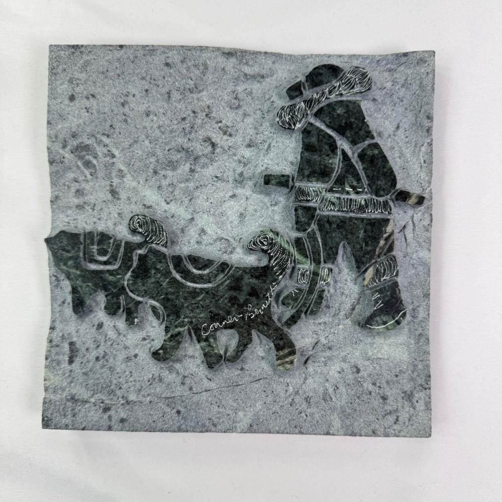 Vintage Conner Bernett Sculptors Inuit Style Carved Marble Relief Plaque 7.5x7.5